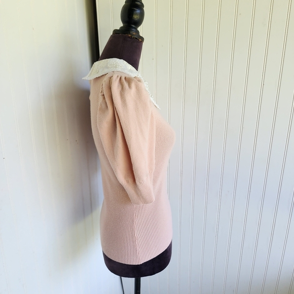 On Twelfth 12th Fitted Puff Sleeve Blush Pink Pullover Sweater Ribbed Collared S - Picture 4 of 11